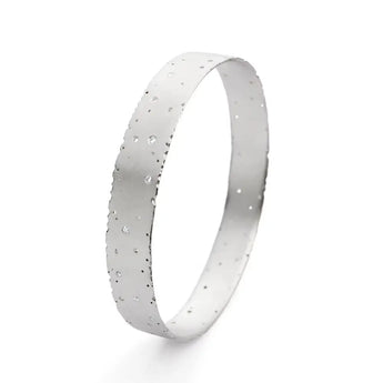 A silver bangle bracelet with a frosted finish and small, round, brilliant-cut diamonds set throughout, displayed against a white background.