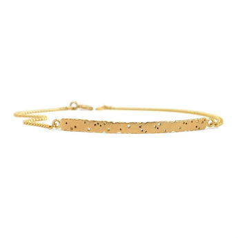 A 9ct yellow gold bar bracelet with a patterned design and a textured satin finish, displayed against a white background.