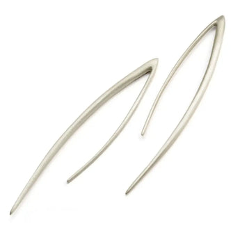 A pair of silver curved spike strand earrings with a satin finish, displayed against a white background.