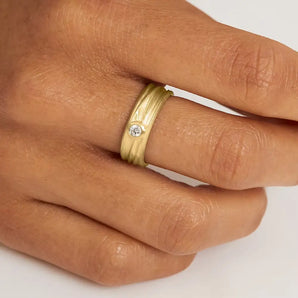A gold solitaire diamond ring with a textured band, featuring a central round brilliant cut diamond, worn on a person's finger.