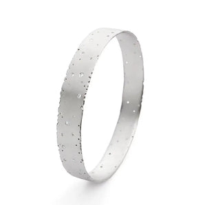 A silver bangle bracelet with a frosted finish and small, round, brilliant-cut diamonds set throughout, displayed against a white background.